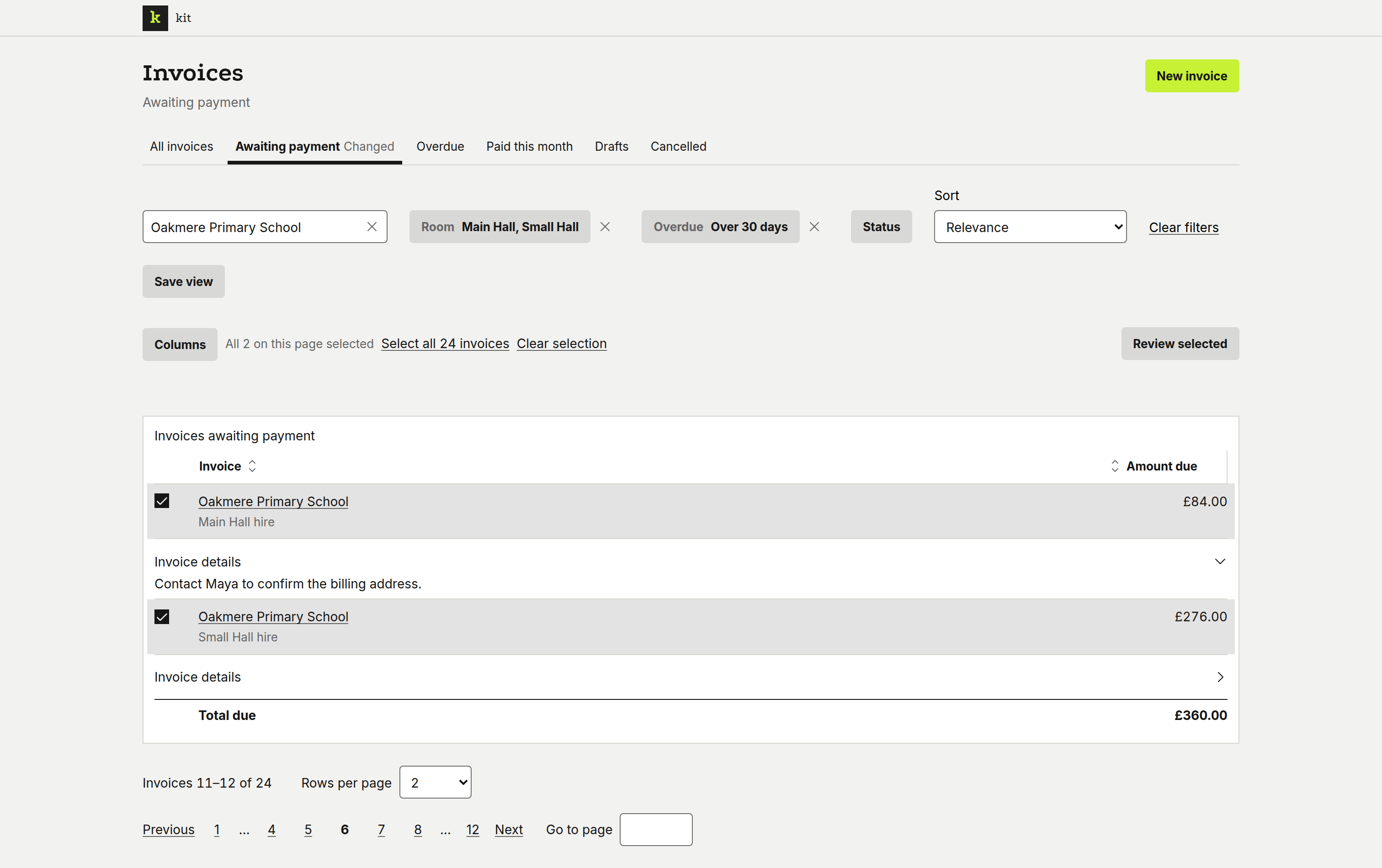 Invoices awaiting payment, listed on a desktop
