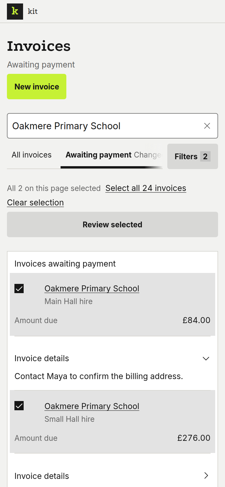 Invoices awaiting payment, listed on a phone