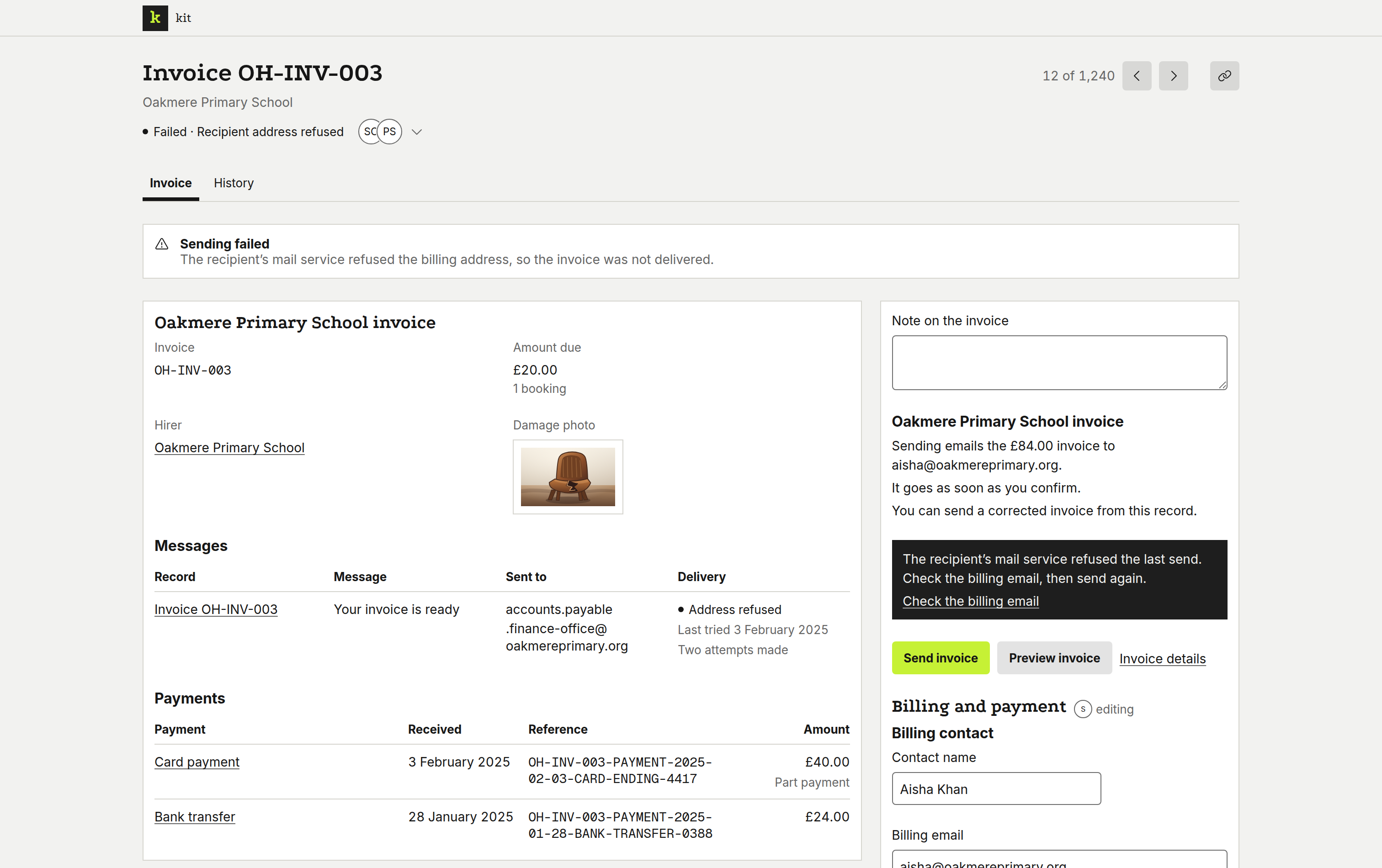 One invoice with its hirer and payments, on a desktop