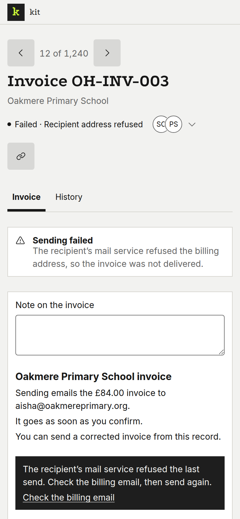 One invoice with its billing contact, on a phone